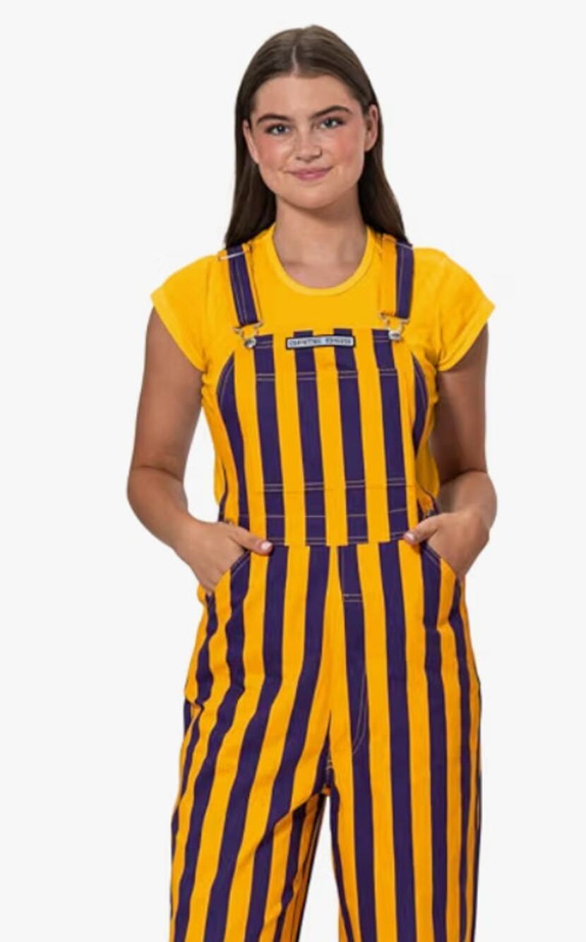 Purple & Yellow Adult Striped GameDay Short Overall Bibs XS